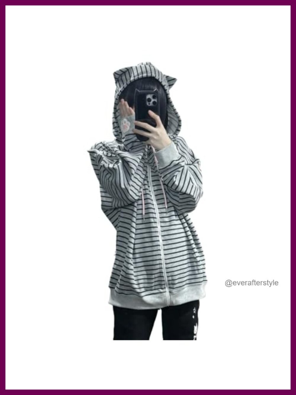 Cat Ear Striped Zip Hoodie with Paw Cuffs